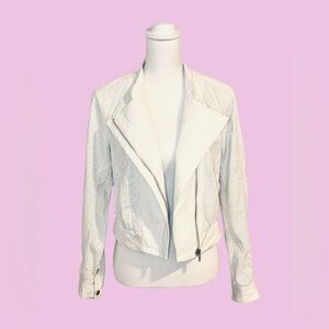 Bebe Genuine Leather Perforated Asymmetrical Zip Cropped Moto Jacket White Small